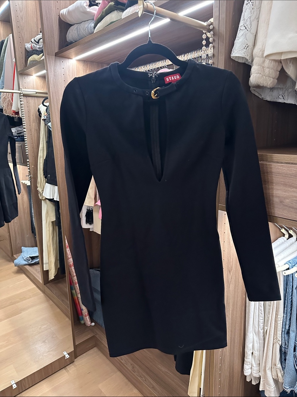 STAUD Black Long-Sleeve Mini Dress with Front Keyhole sexy key hole front!